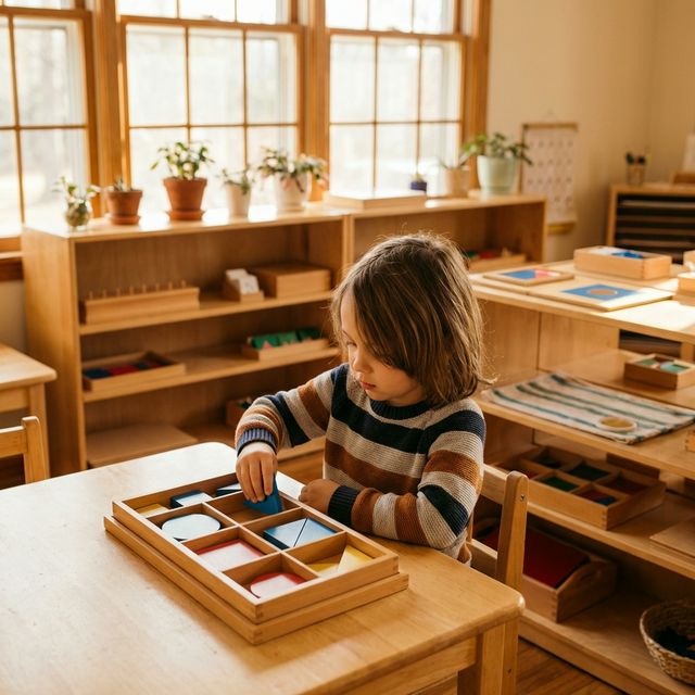 Child focused on Montessori materials in a sunlit classroom
